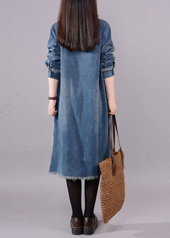 Women's Denim O-neck Dress with Buttons and Pockets Casual
