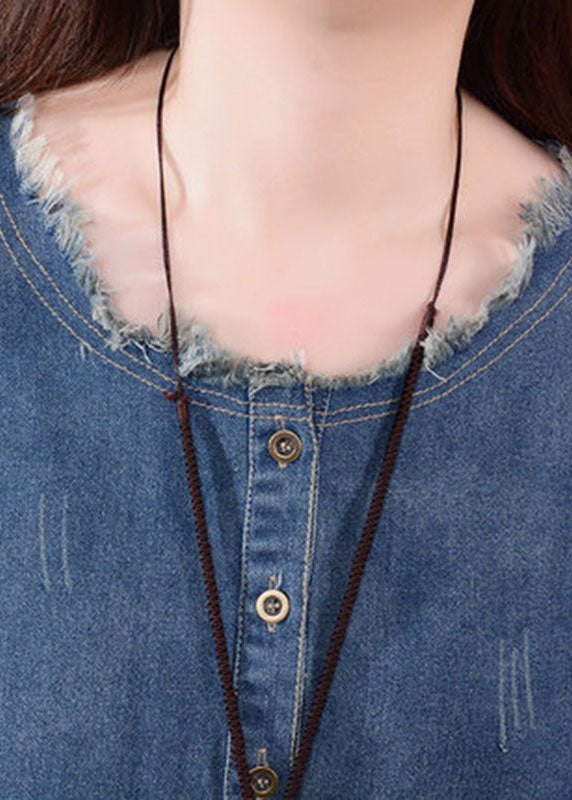 Women's Denim O-neck Dress with Buttons and Pockets Casual