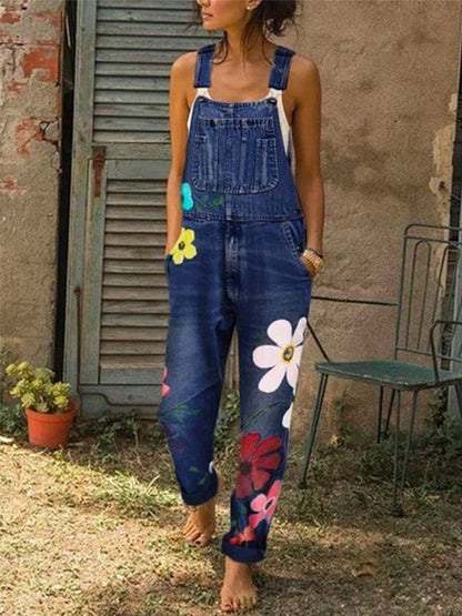 Women's Denim Overall Sleeveless with Floral Patterns