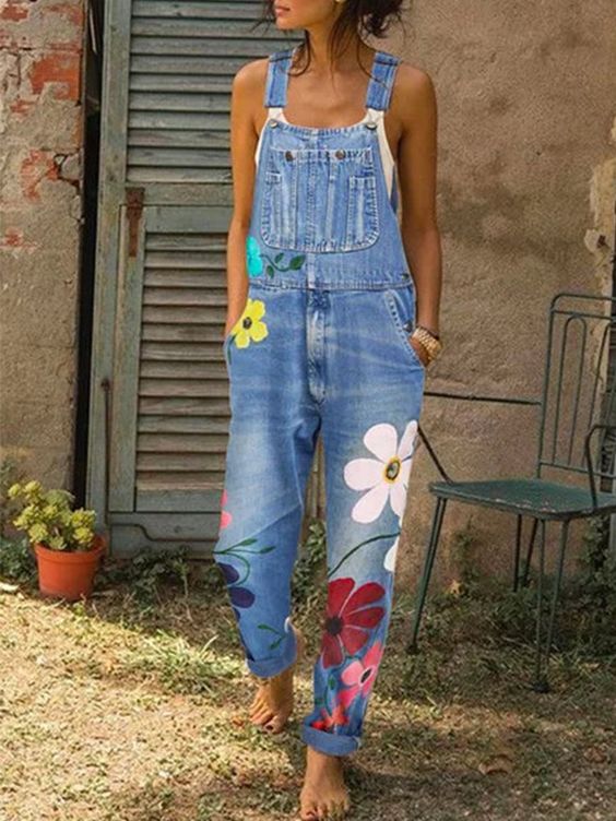 Women's Denim Overall Sleeveless with Floral Patterns