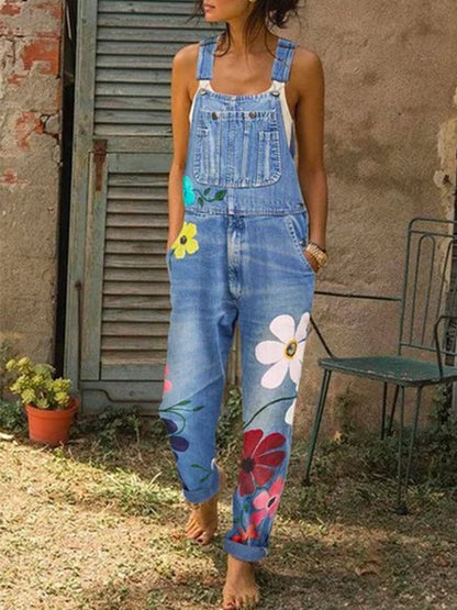 Women's Denim Overall Sleeveless with Floral Patterns