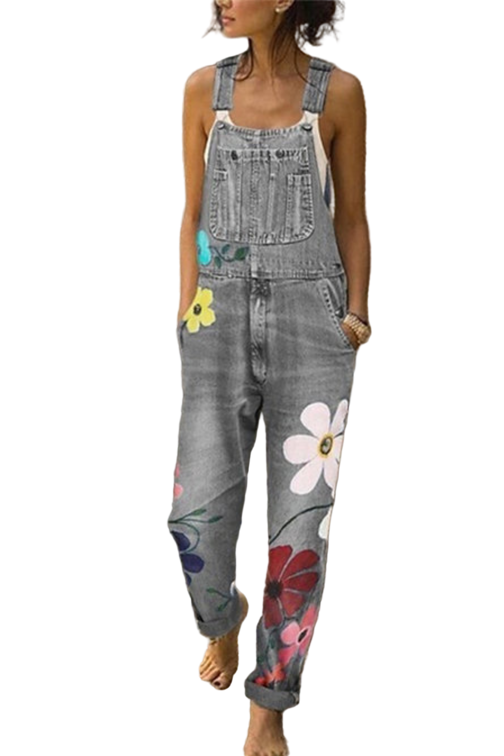 Women's Denim Overall Sleeveless with Floral Patterns