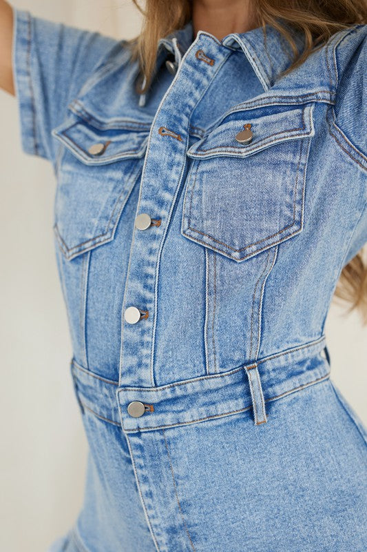 Women's Denim Romper With Buttons And Frayed Hem