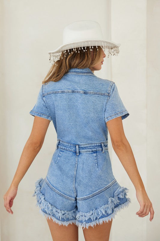 Women's Denim Romper With Buttons And Frayed Hem