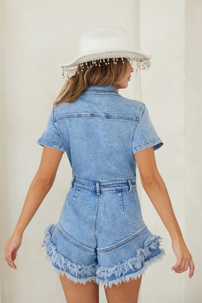 Women's Denim Romper With Buttons And Frayed Hem