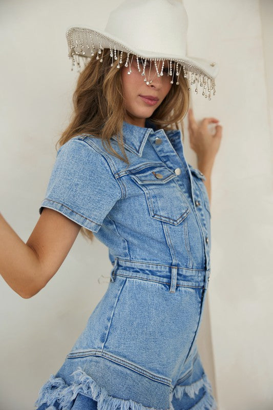 Women's Denim Romper With Buttons And Frayed Hem