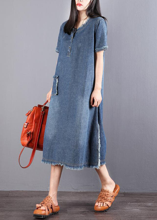 Women's Denim Short-sleeved Dress with Buttons