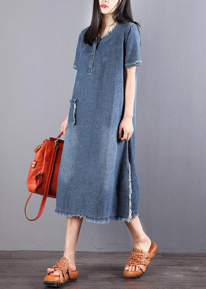 Women's Denim Short-sleeved Dress with Buttons