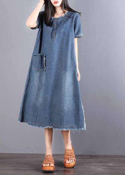 Women's Denim Short-sleeved Dress with Buttons