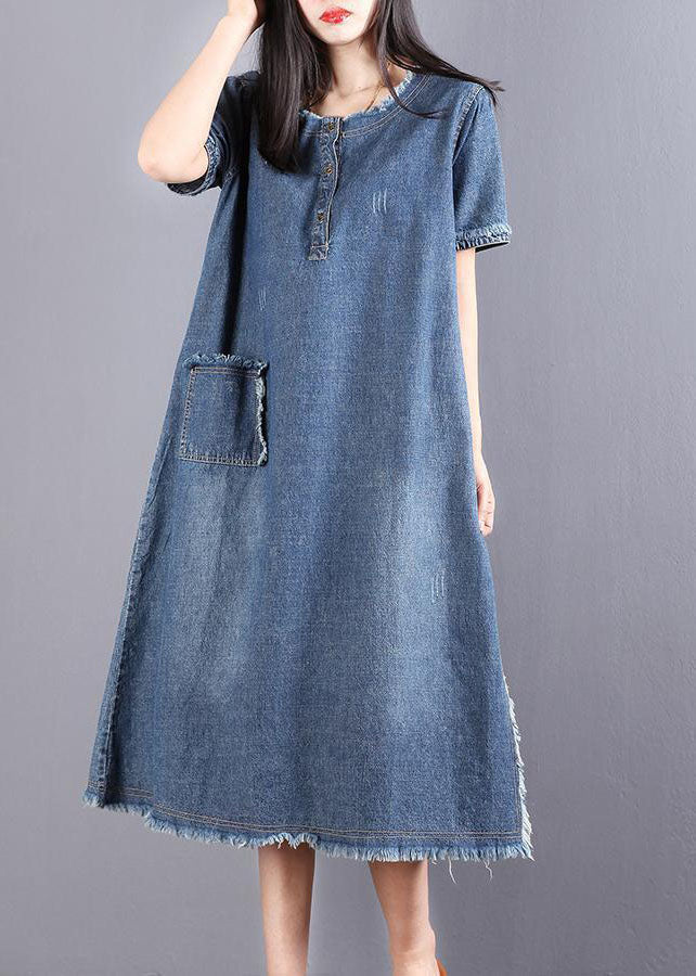 Women's Denim Short-sleeved Dress with Buttons