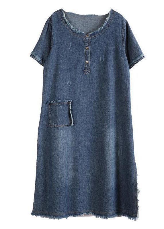Women's Denim Short-sleeved Dress with Buttons