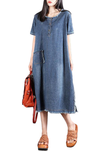 Women's Denim Short-sleeved Dress with Buttons