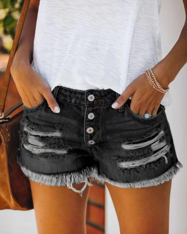 Women's Denim Shorts Ripped Fringed Casual