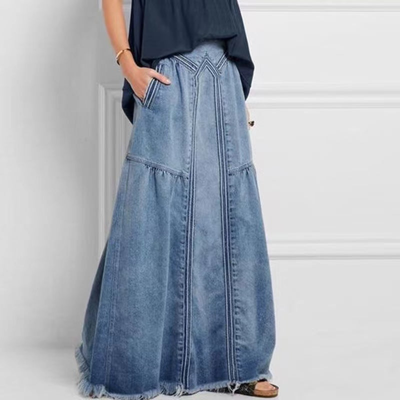Women's Denim Skirt Loose Fit with Elastic Waist and Pockets