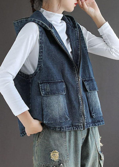 Women's Denim Sleeveless Cardigan with Zip Pockets