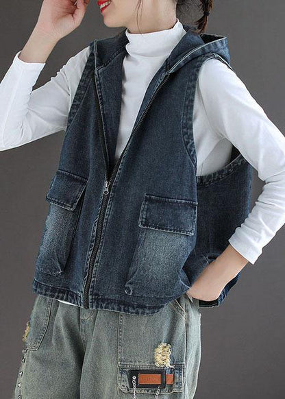 Women's Denim Sleeveless Cardigan with Zip Pockets
