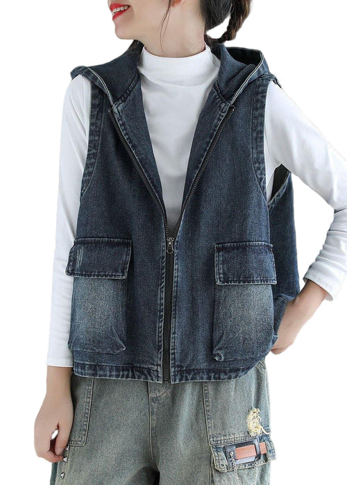 Women's Denim Sleeveless Cardigan with Zip Pockets