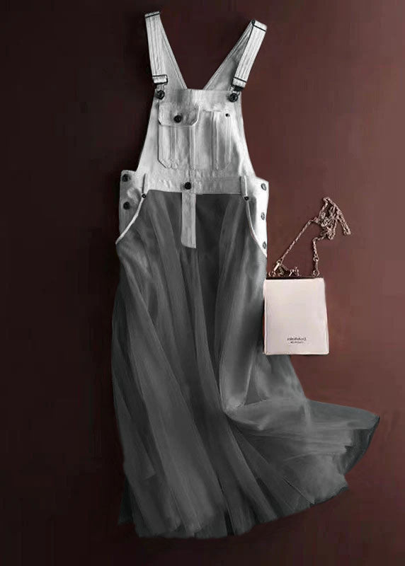 Women's Denim Strap Dress with Tulle Patchwork