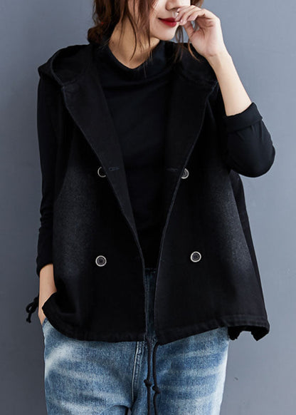 Women's Denim Trench Vest with Hood and Buttons
