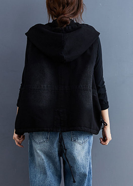 Women's Denim Trench Vest with Hood and Buttons