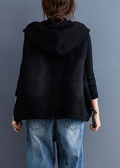 Women's Denim Trench Vest with Hood and Buttons