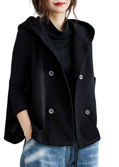 Women's Denim Trench Vest with Hood and Buttons