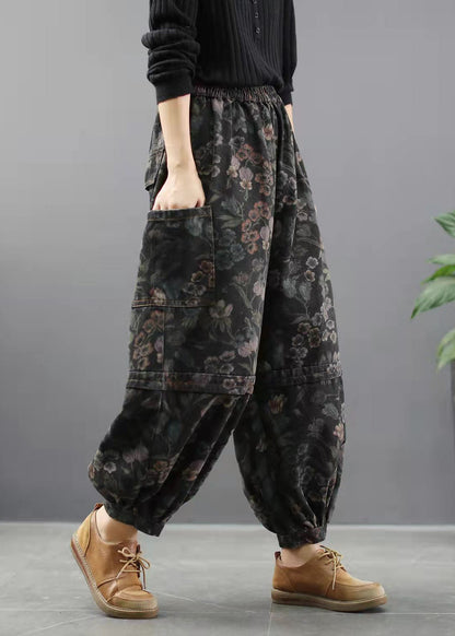Women's Denim Trousers with Print and Lantern Style
