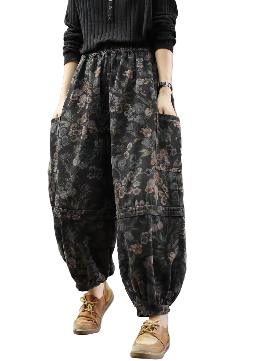 Women's Denim Trousers with Print and Lantern Style