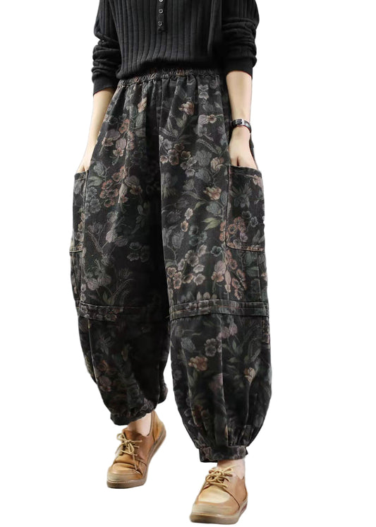Women's Denim Trousers with Print and Lantern Style