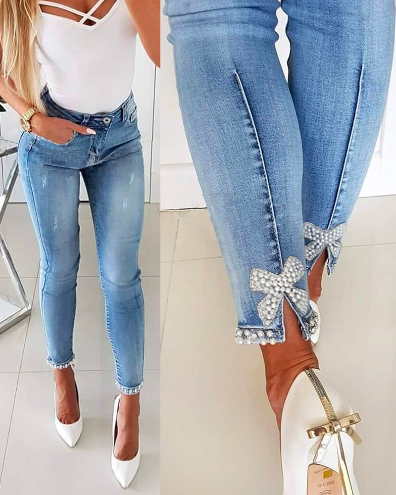 Women's Denim trousers with Bow tie and Pearl Beads