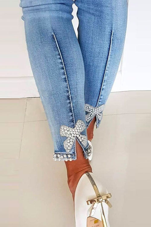 Women's Denim trousers with Bow tie and Pearl Beads