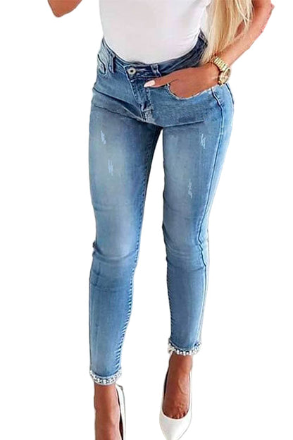 Women's Denim trousers with Bow tie and Pearl Beads