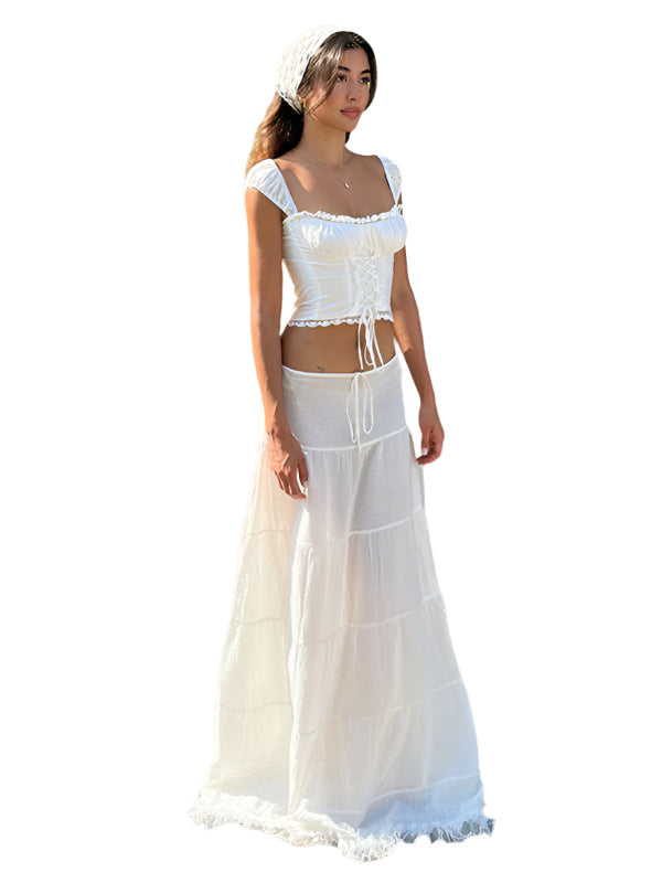 Women's Dress Halter Top Long Skirt with Lace Polyester Summer Dress