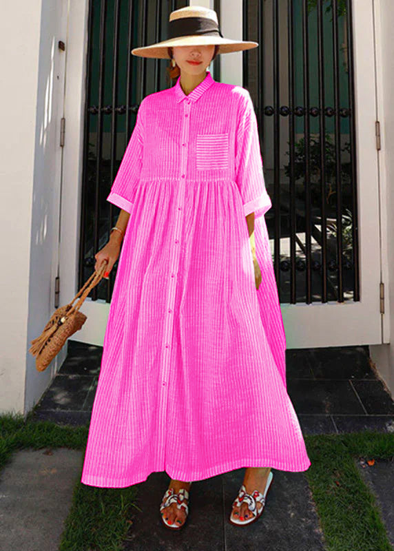 Women's Dress Long Striped With Peter Pan Collar and Practical Pockets