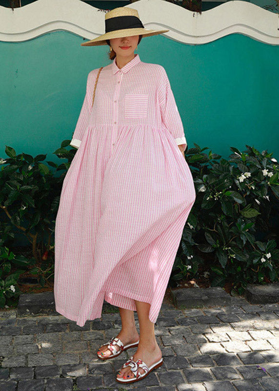 Women's Dress Long Striped With Peter Pan Collar and Practical Pockets