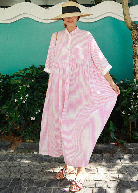 Women's Dress Long Striped With Peter Pan Collar and Practical Pockets