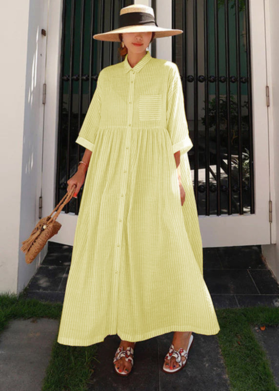 Women's Dress Long Striped With Peter Pan Collar and Practical Pockets
