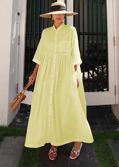 Women's Dress Long Striped With Peter Pan Collar and Practical Pockets