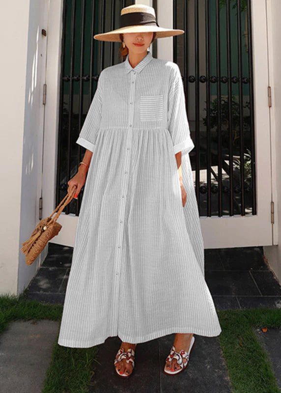 Women's Dress Long Striped With Peter Pan Collar and Practical Pockets