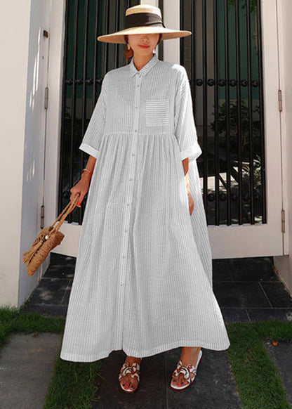 Women's Dress Long Striped With Peter Pan Collar and Practical Pockets