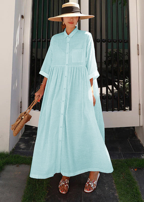 Women's Dress Long Striped With Peter Pan Collar and Practical Pockets