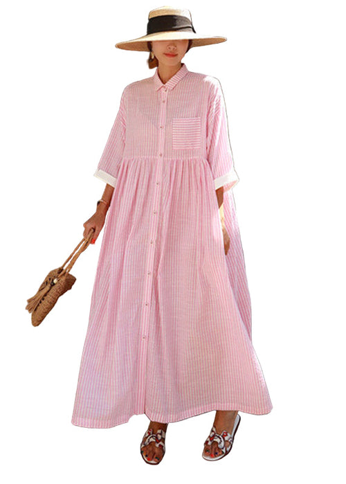 Women's Dress Long Striped With Peter Pan Collar and Practical Pockets