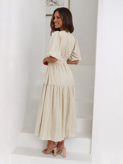 Women's Dress V-Neck Puff Sleeves Stylish High Quality Fabric