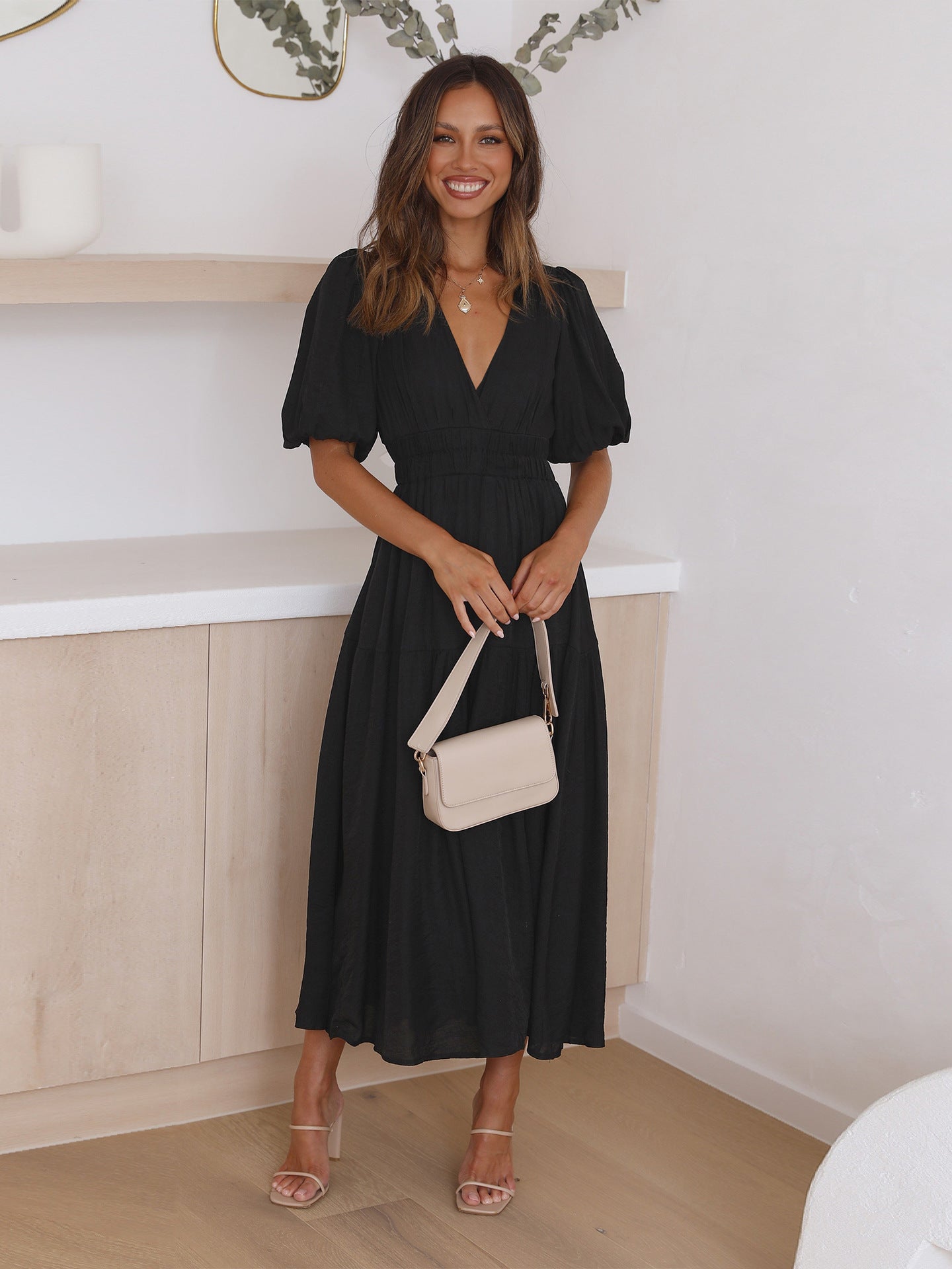 Women's Dress V-Neck Puff Sleeves Stylish High Quality Fabric