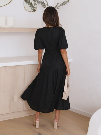 Women's Dress V-Neck Puff Sleeves Stylish High Quality Fabric