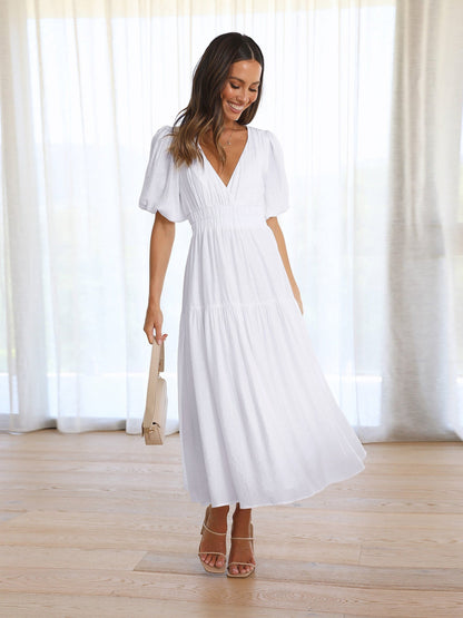 Women's Dress V-Neck Puff Sleeves Stylish High Quality Fabric