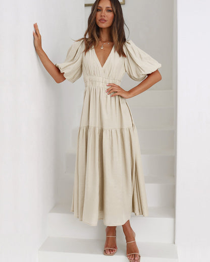 Women's Dress V-Neck Puff Sleeves Stylish High Quality Fabric
