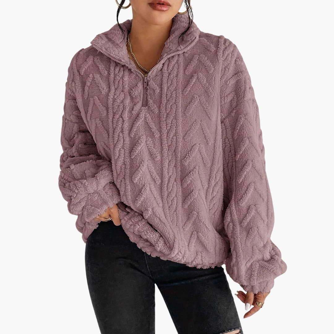 Women's Fleece Sweater with Half Zip and Cable Pattern