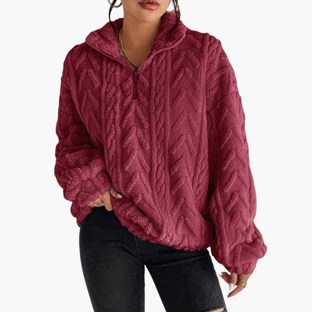 Women's Fleece Sweater with Half Zip and Cable Pattern