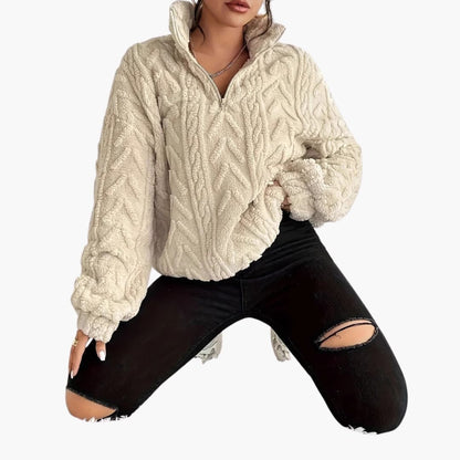 Women's Fleece Sweater with Half Zip and Cable Pattern